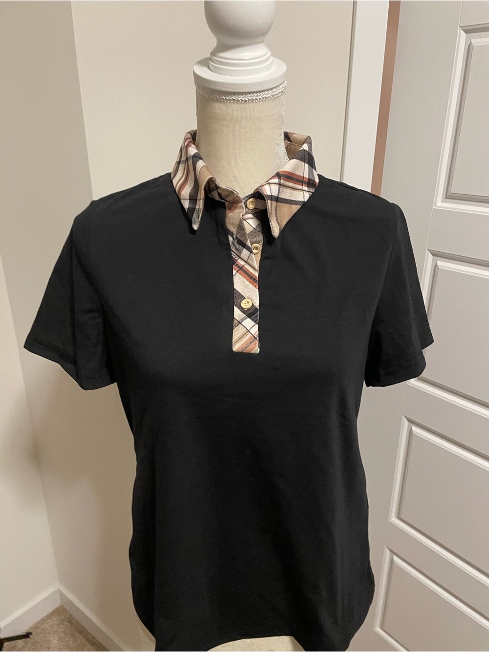 Black Polo Shirt with Plaid Collar